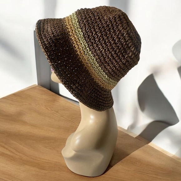 D & Y Woven Sun Hat  Brown/Tan/Sage Women's Bucket Sun Hat OS Beach Neutral - Picture 6 of 7